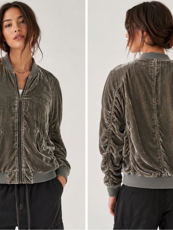 Free People Jackets & Blazers - Free People crushed velvet bomber jacket gray oversized zip
